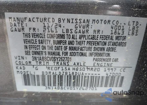 2025 Nissan Sentra Sv from USA, damaged, VIN 3N1AB8CV0SY262701
